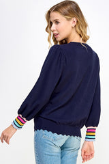 Sequins Trees Stripe Cuff Sweater Top Navy