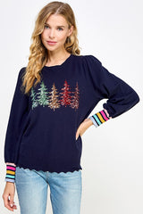 Sequins Trees Stripe Cuff Sweater Top Navy