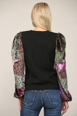 Contrast Burnout Velvet Sleeve Sweater Top Black
