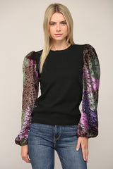 Contrast Burnout Velvet Sleeve Sweater Top Black