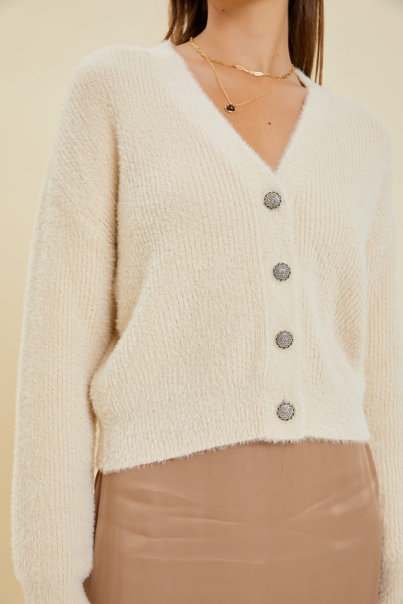 Fuzzy Ribbed Jeweled Button Cardi