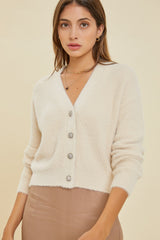 Fuzzy Ribbed Jeweled Button Cardi Blush