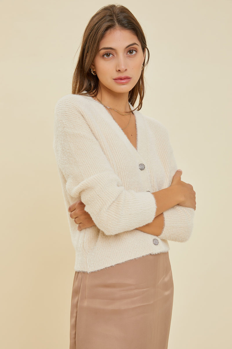 Fuzzy Ribbed Jeweled Button Cardi