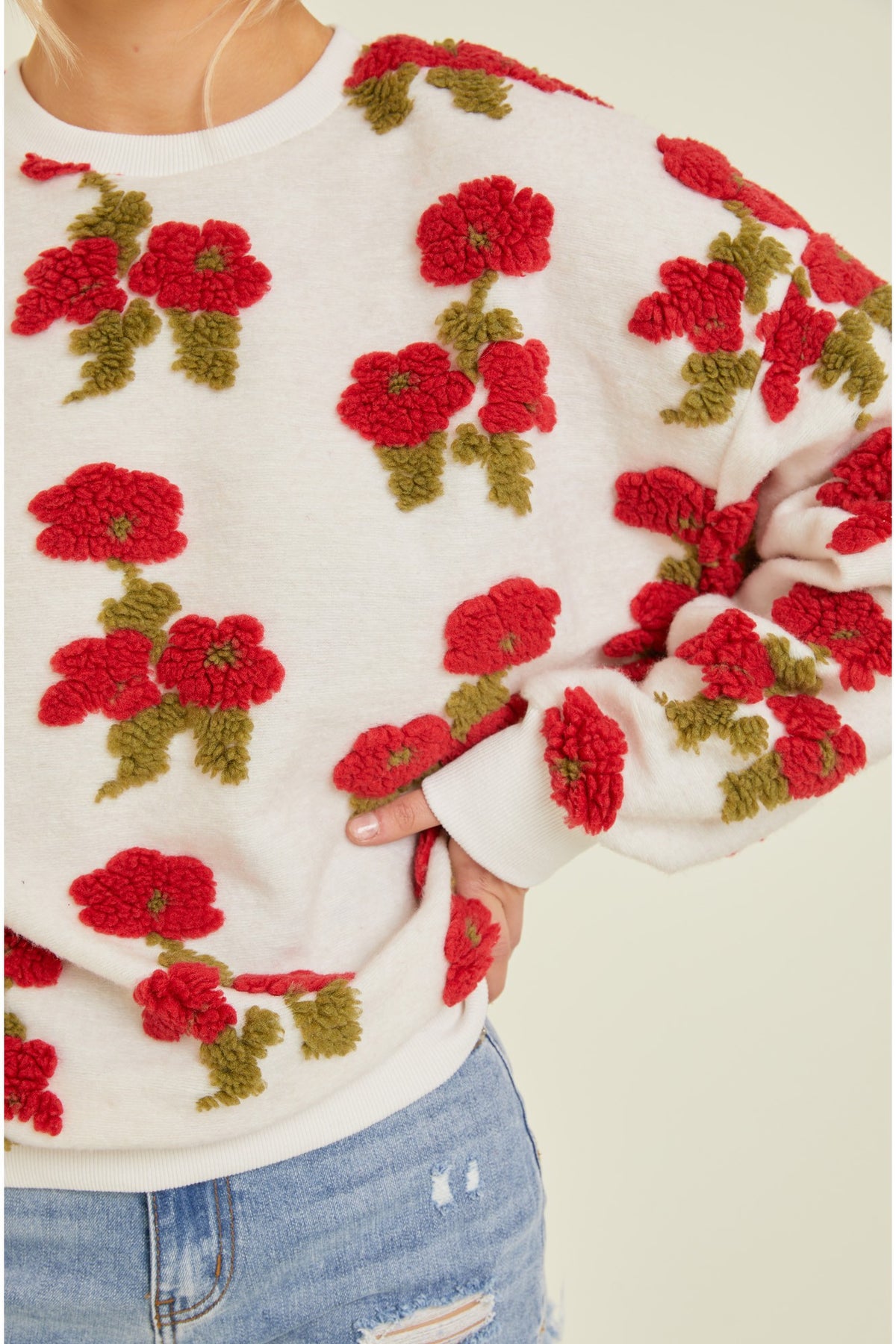 Textured Floral Woven Sweater Ivory