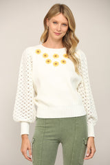 Embroidered Daisies Bubble Crochet Sleeve Sweater Ivory