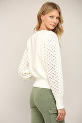 Embroidered Daisies Bubble Crochet Sleeve Sweater Ivory