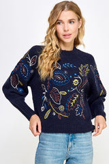 Emb. Floral Leaves Fuzzy Sweater Navy