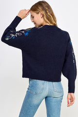 Emb. Floral Leaves Fuzzy Sweater Navy