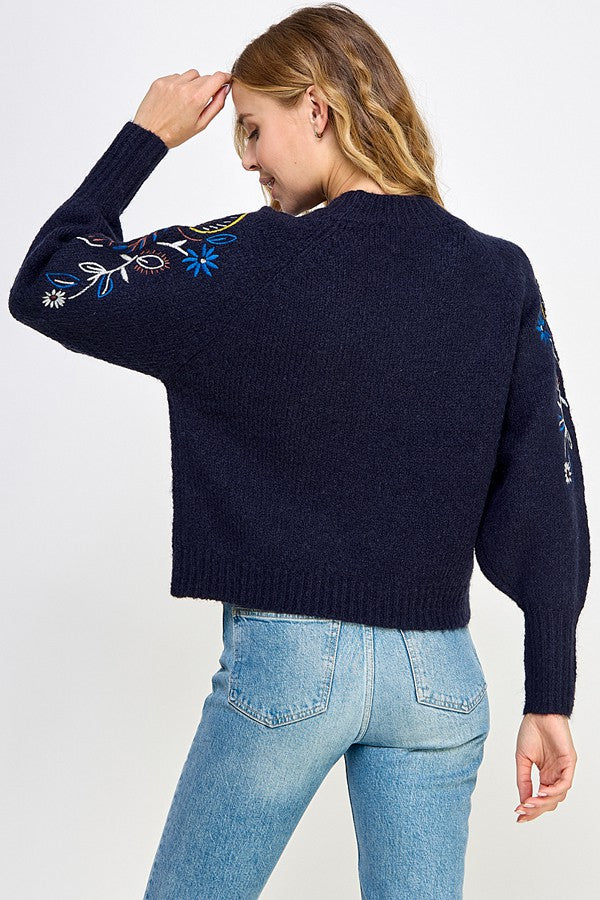 Emb. Floral Leaves Fuzzy Sweater