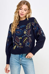 Emb. Floral Leaves Fuzzy Sweater Navy