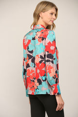 Floral Print Double Pocket Button Down Shirt Red + Aqua