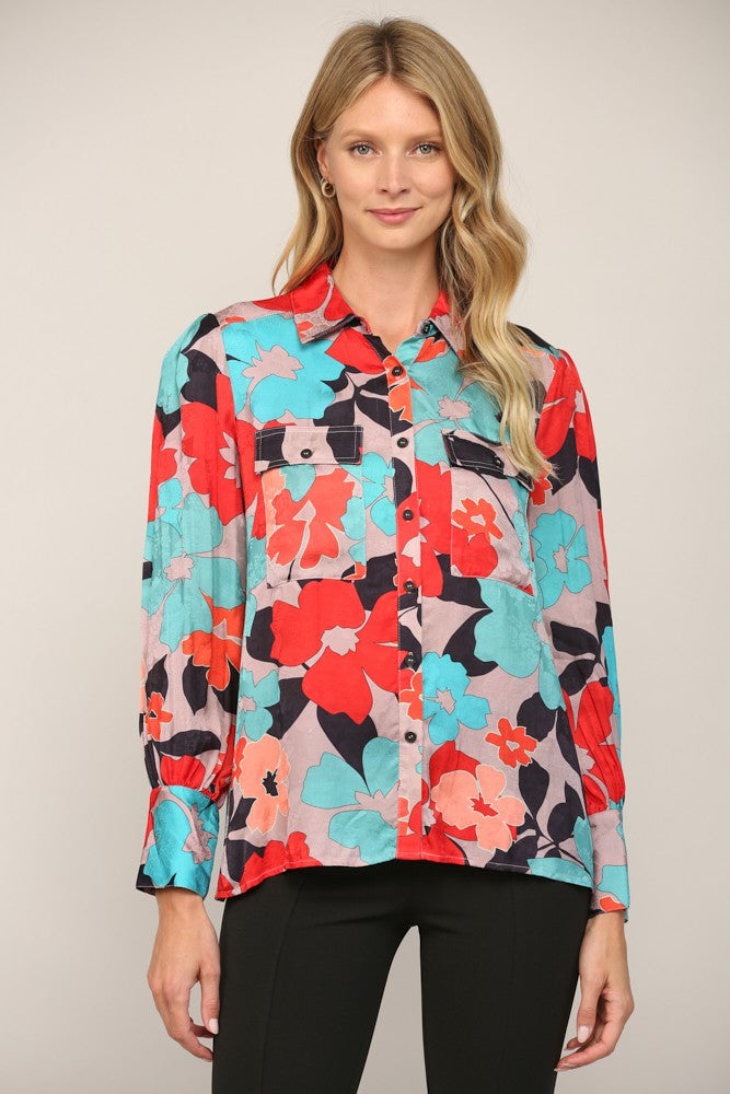 Floral Print Double Pocket Button Down Shirt