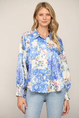 Patchwork Print Button Down Shirt Blue Marled