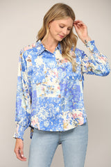 Patchwork Print Button Down Shirt Blue Marled