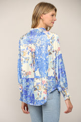 Patchwork Print Button Down Shirt Blue Marled