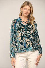 Ruffle Trimmed Burnout Velvet Tassel Blouse Teal