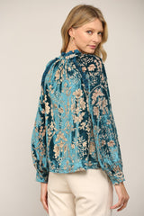 Ruffle Trimmed Burnout Velvet Tassel Blouse Teal