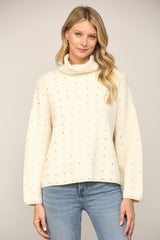 Crystal Embellished Turtleneck Sweater Cream