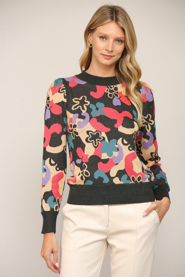 Abstract Pattern Jacquard Knit Puff Sleeve Sweater