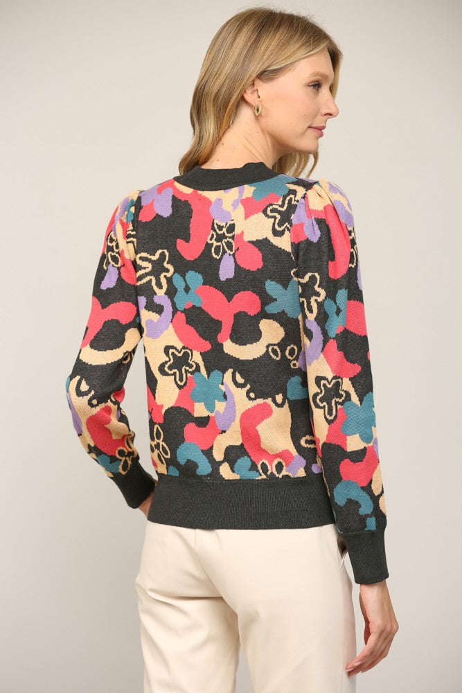 Abstract Pattern Jacquard Knit Puff Sleeve Sweater