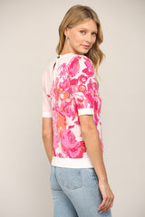 Floral Pattern Jacquard Knit Short Sleeve Sweater  Cream + Pink Multi