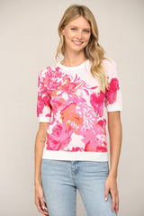Floral Pattern Jacquard Knit Short Sleeve Sweater  Cream + Pink Multi