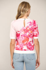 Floral Pattern Jacquard Knit Short Sleeve Sweater  Cream + Pink Multi