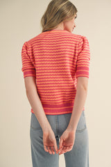 Striped Pointelle Puff Sleeve Sweater Hot Pink + Orange