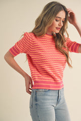 Striped Pointelle Puff Sleeve Sweater Hot Pink + Orange
