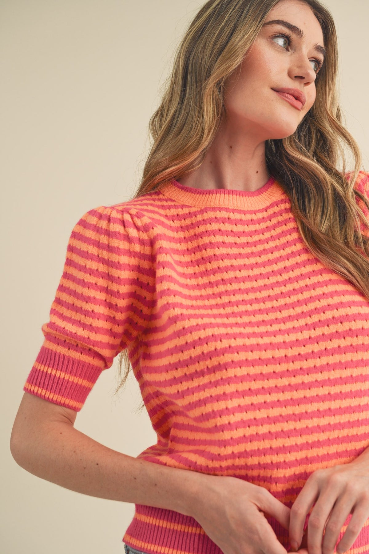 Striped Pointelle Puff Sleeve Sweater Hot Pink + Orange