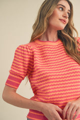 Striped Pointelle Puff Sleeve Sweater Hot Pink + Orange