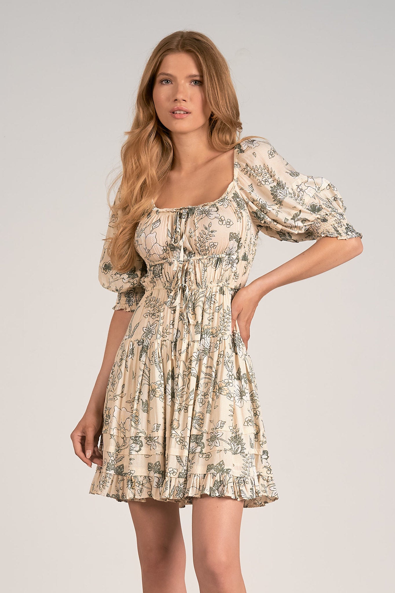 Multi Tied Printed Smock Sleeve Babydoll Dress Cream Leaf