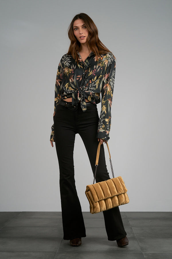 Floral Button Down Collared Shirt Black Olive Leaf