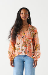 Smocked Ruffle Shoulder Front Tie Blouse Orange + Peach Floral