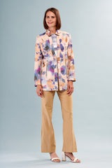 Mod Floral Long Liquid Leather Jacket Blue Watercolor