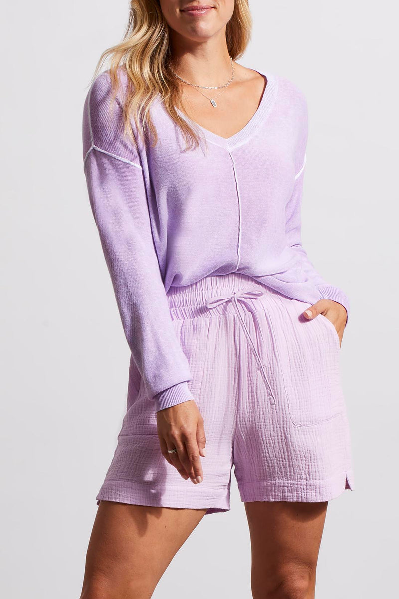 Washed Vneck Exposed Seam Sweater Top Iris