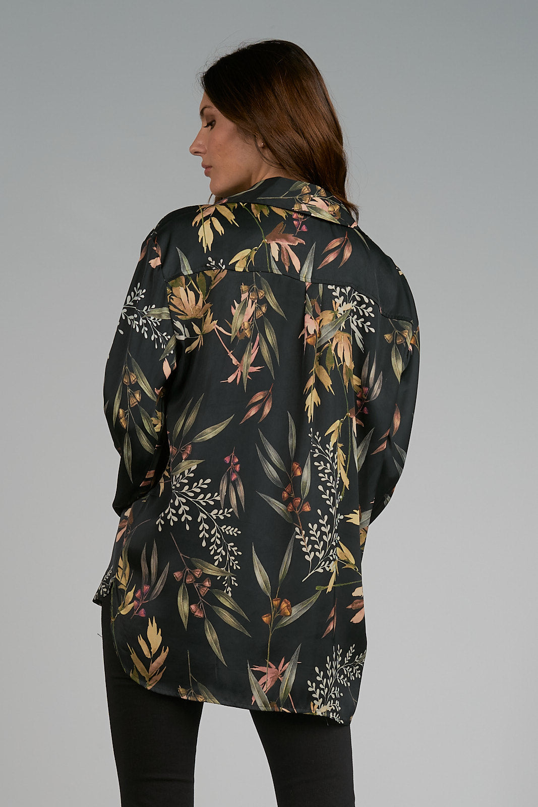 Floral Button Down Collared Shirt Black Olive Leaf