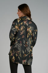 Floral Button Down Collared Shirt Black Olive Leaf