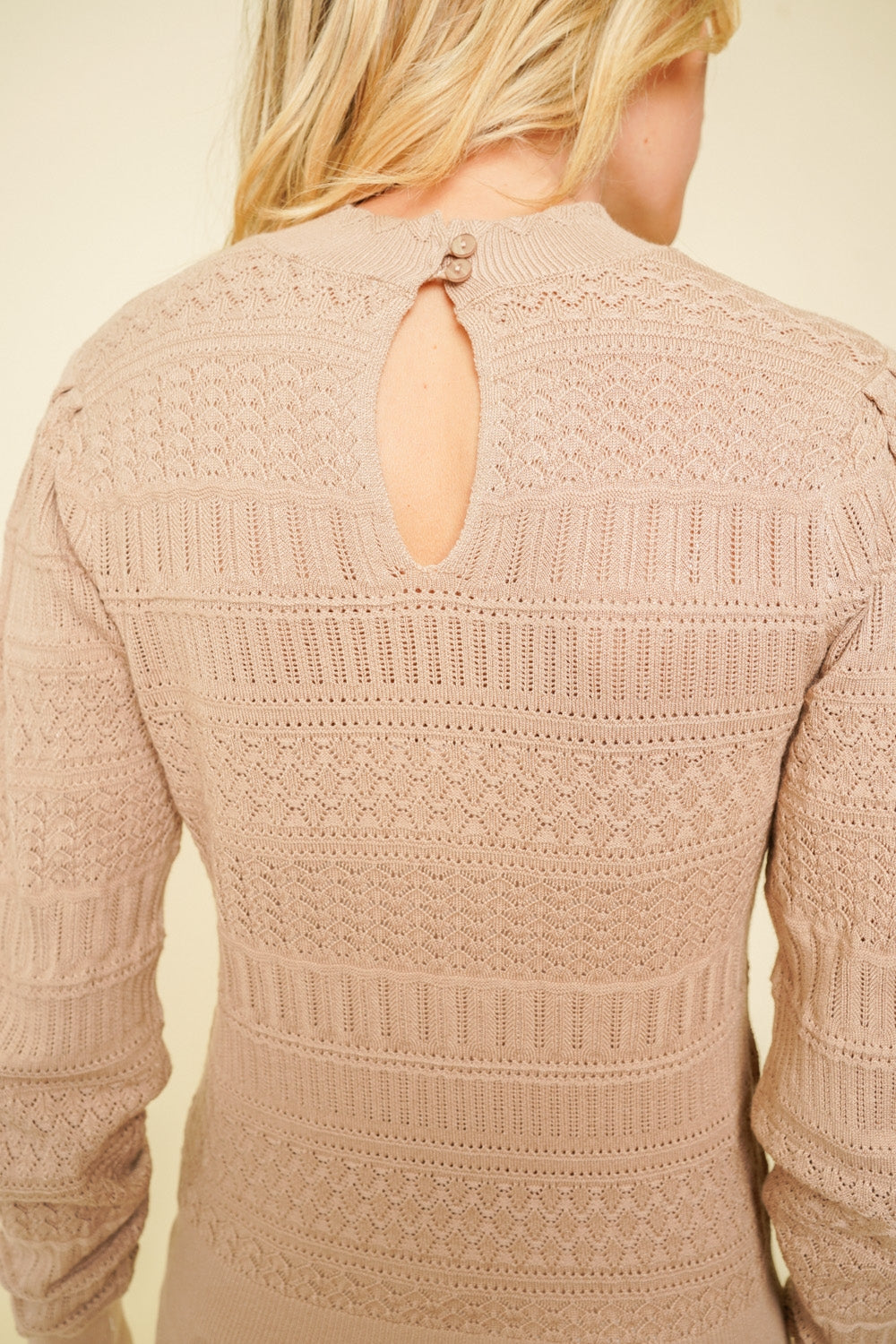 Mock Neck Bubble Sleeve Pointelle Sweater Mocha