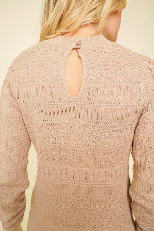 Mock Neck Bubble Sleeve Pointelle Sweater