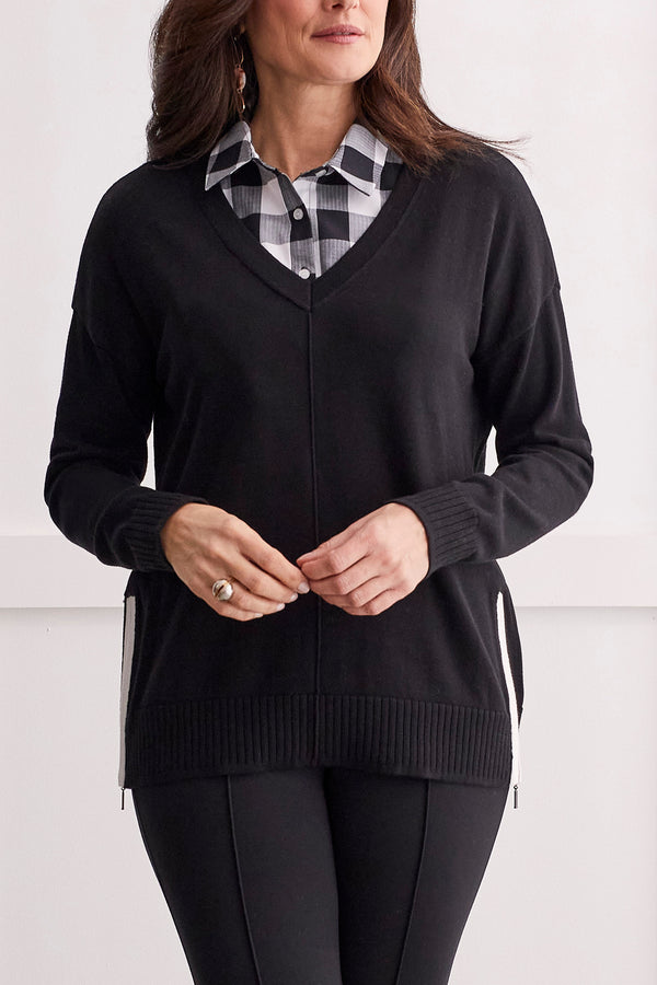 Zipper Side Detail Vneck Sweater Black