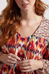 Combo Print Tie Neck Bubble Sleeve Blouse Earth Red