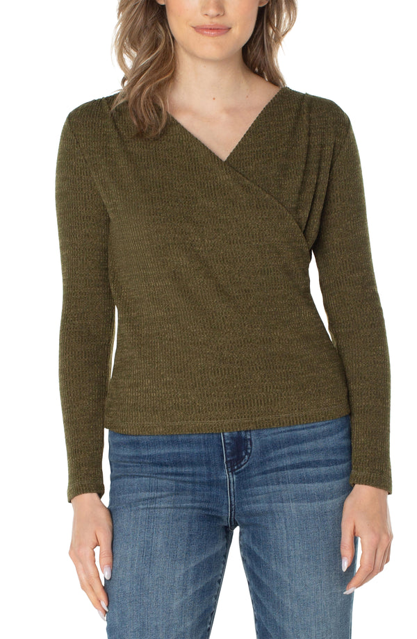 Long Sleeve Drape Front Knit Top Olive Melange