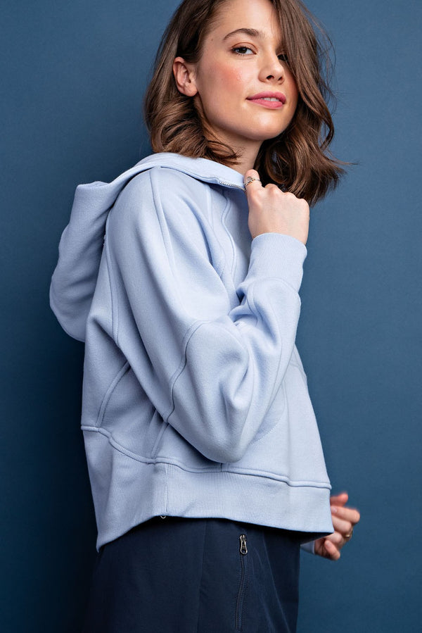 French Terry Cropped Quarter Zip Hoodie Sky Blue