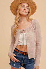 Front Tie Mix Marled Knit Cardigan Taupe