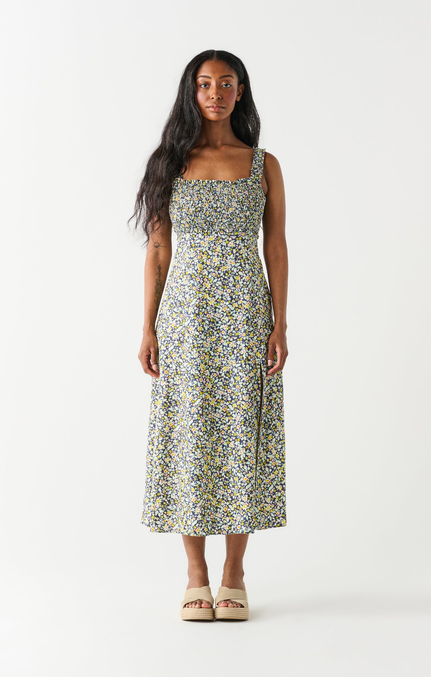 Smocked Bodice Linen Maxi Dress Navy + Mint Floral