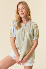 Mix Stripe Front Pocket Puff Sleeve Button Down Shirt Sage Green + White