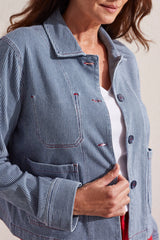 Pinstripe 3 Button Front Contrast Stitch Jacket Jet Blue