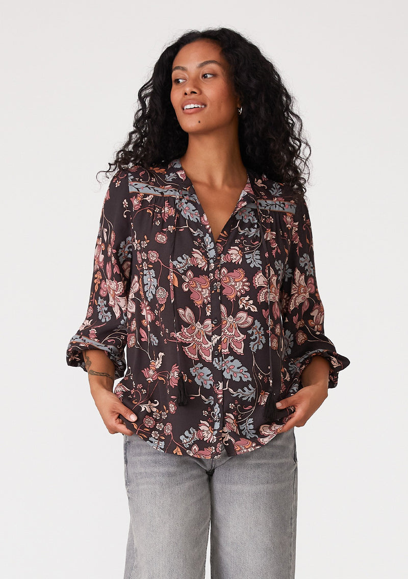 Floral 3/4 Sleeve Tie Neck Buttons Blouse