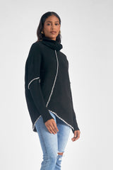 Asymmetric Whip Stitch Turtleneck Sweater Black